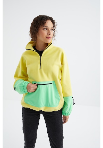Tommy Life Limon Etek Ucu Büzgülü Yarım Fermuarlı Oversize Kadın Polar Sweatshirt - 97238 Limon Sarısı