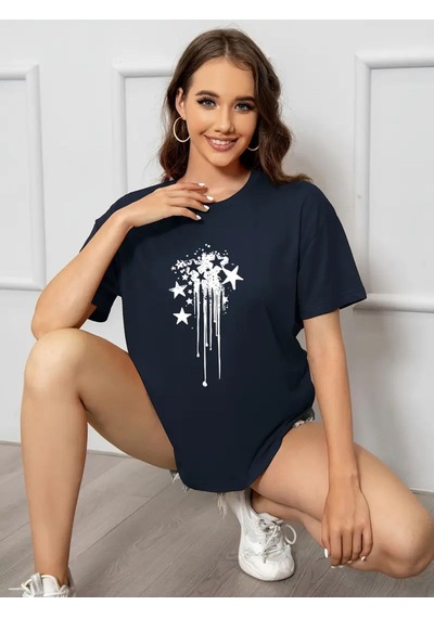 Kadın Lacivert Sanatsal Yıldız Ön Baskılı Oversize T-shirt Lacivert