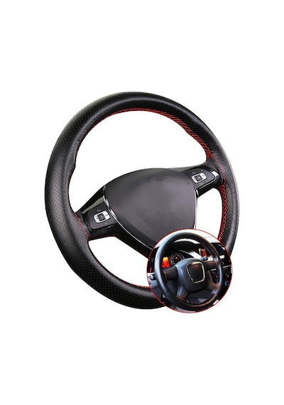 Citroen C1 2005 Sonrası Esnek Dikmeli Deri Direksiyon Kılıfı Noktalı Kırmızı Dikişli Siyah