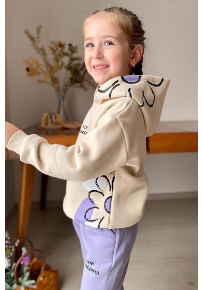 Riccotarz Kız Çocuk Stay Wonderful Çiçek Desenli İçi Pamuklu Lila Eşofman Takım