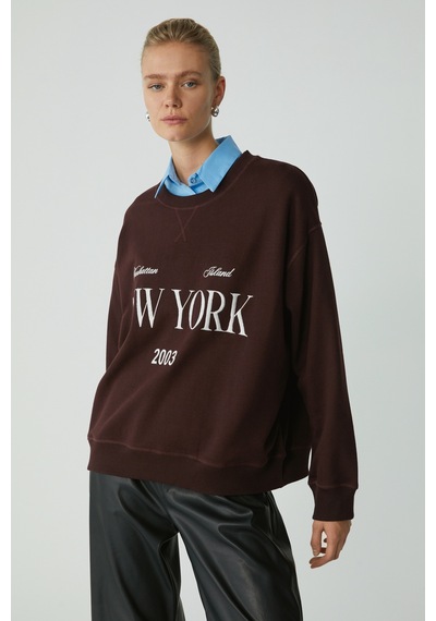 ETHIQUET PETRABB Kadın Içi Polarlı Yumuşacık Comfort Önü Nakışlı Örme Bordo Büyük Beden Sweatshirt