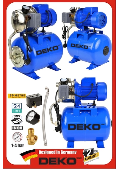 Deko Dk1540j 1.5hp Paslanmaz Jet Su Motoru + 24lt Tanklı Hidrofor Seti 4kat 4daire Full Bakır Sargı