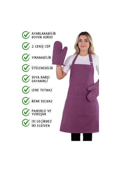 Simple 3lü Set Ayar Askılı Cepli Mutfak Önlüğü Seti 2 Eldiven Şef Garson Kafe Aşçı Barista Mor