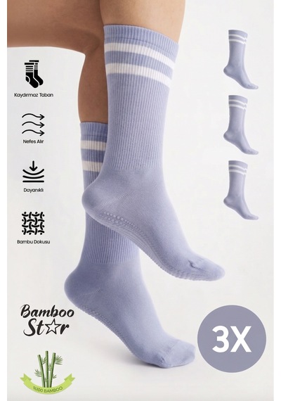 Bamboo Star Bambu Kadın Mor Kaydırmaz Taban Silikon Baskı Yoga Fitness Pilates Bale Dans Tenis Çorabı 3'lü