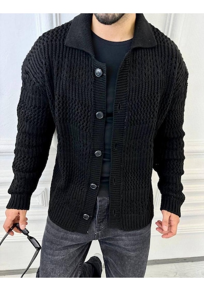 Elku Moda Hırka Oversize Özel Örgülü Triko Desenli Salaş Örgü Hırka Siyah