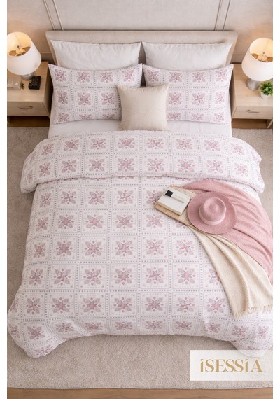 Mira Çift Kişilik Lastikli Çarşaflı Nevresim Takımı Pembe - Çiçek - Motif