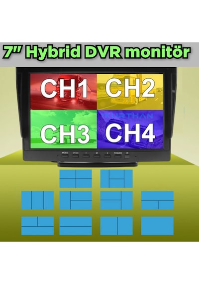 7 İnç Hybrid Dvr Monitör 4 Kanal 256 Gb 12-24 Volt