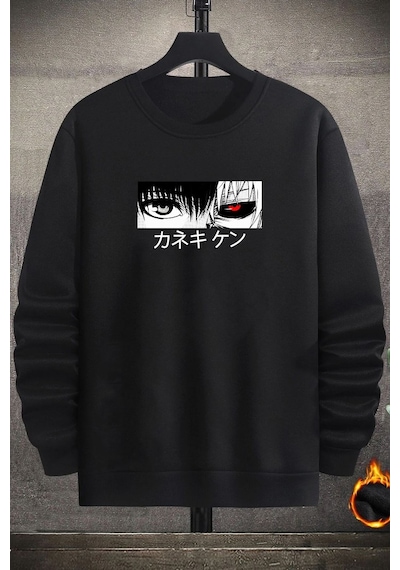 Unisex Ken Kaneki Bisiklet Yaka Sweatshirt Siyah