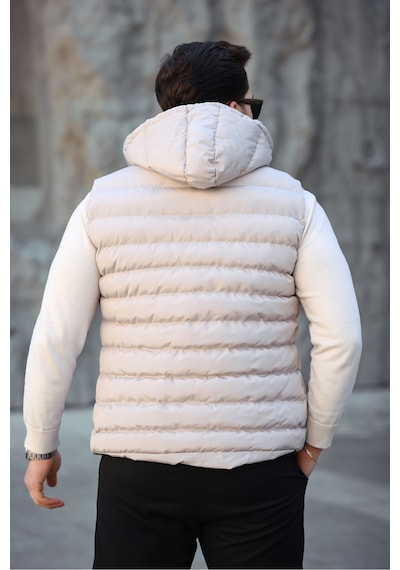 Mero Life Erkek Bej Standart Fit Çıkarılır Kapüşonlu Cepli Fermuarlı Şişme Yelek