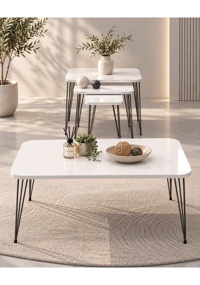 Odera Beyaz Siyah Ayaklı Orta Sehpa Ve Zigon Sehpa 4'lü Set Metal Tel Ayaklı Modern Salon Sehpası Diğer