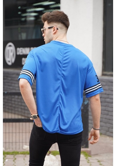 Madmext Saks Baskılı Oversize Erkek Tişört-Saks
