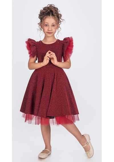 Mnk Baby & Kids Simli Şanzelize Kız Çocuk Abiye Elbise M00669 Bordo