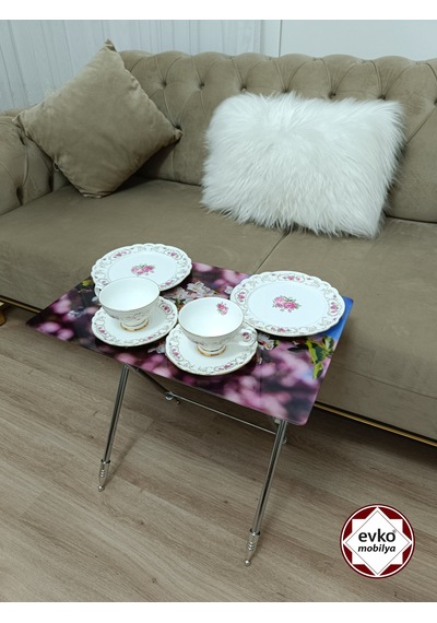 Evko Mobilya Çanta Zigon Sehpa, 4'lü Sehpa, Zigon Sehpa, Servis Sehpası, Camlı Sehpa, Katlanır Sehpa Kayısı Çiçeğiii Beyaz - Ceviz