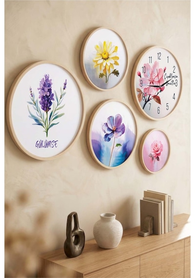 5 Parça Yuvarlak Ahşap Çerçeveli Yazılı Ve Minimalist Kahve Çeşitleri Tablo Ve Saat Seti