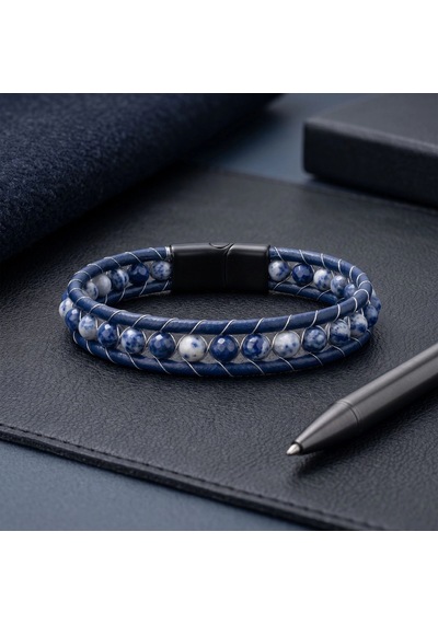 Moncuk Design 6mm Mavi Damarlı Akik Taşlı Deri Kordon Ve Çelik Bileklik 33512b2d6m9 Çok Renkli