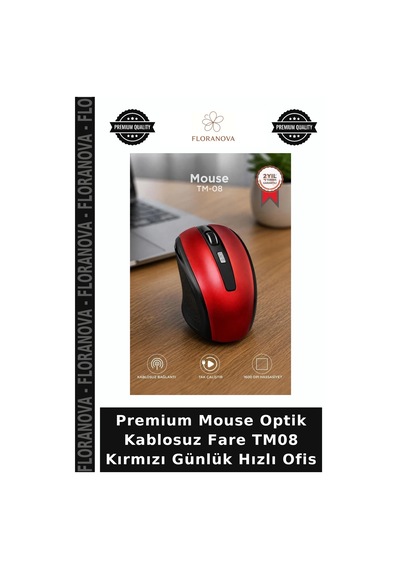Premium Mouse Optik Kablosuz Fare Tm08 Kırmızı Günlük Hızlı Ofis