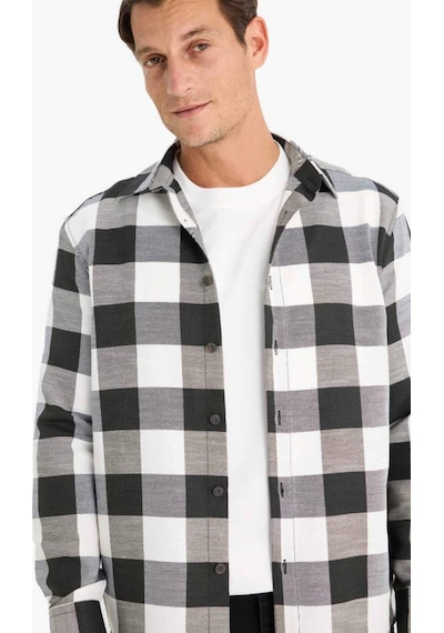 Defacto Regular Fit Polo Yaka Pamuklu Kareli Uzun Kollu Gömlek D6145AX25SP Siyah
