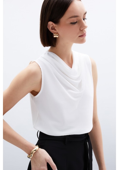 Sateen Degaje Yaka Kolsuz Bluz - Ekru