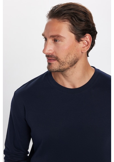 Tudors Unisex Relax Fit Rahat Kesim %100 Pamuk Uzun Kollu Bisiklet Yaka Lacivert Basic Tişört-32655 Lacivert
