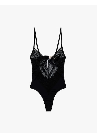 Koton V Yaka İnce Askılı Transparan Dantelli Bodysuit Siyah 6wlk00002mk Siyah