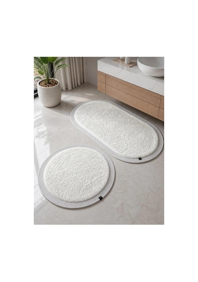 Nesrin Kaymaz Taban Peluş Banyo Paspası Seti Jüt Kenar Detaylı 2'li Oval Yuvarlak 100x60 60x60 Krem