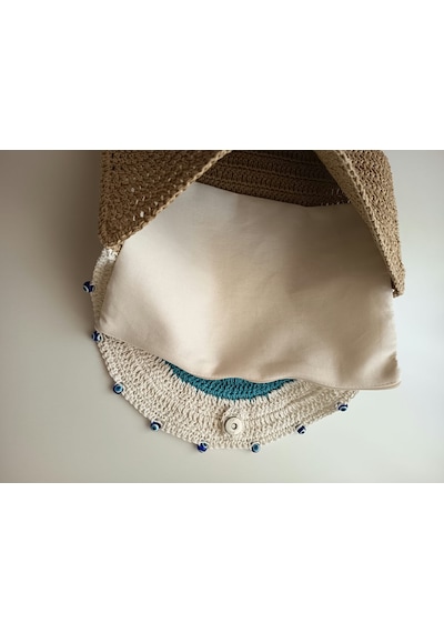 Elmundo Butik Kağıt İp El Yapımı Nazar Boncuğu Clutch Çanta Bej - Mavi -beyaz