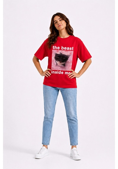 Nevermind The Beast Inside Me Baskılı Unisex Oversize Tişört Siyah Kedi Gra Kırmızı
