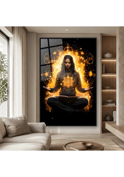 Altın Işıkta Meditasyon Yapan Kadın Siyah Çerçeveli Cam Tablo