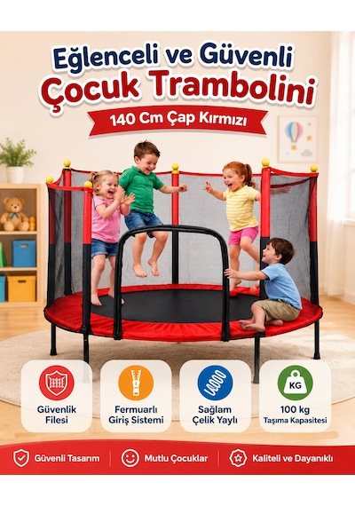 Çocuklar İçin Fileli Fermuarlı Çocuk Tranbolini Güvenlik Filesi Ev Açık Alan Kullanıma Uygun Oyun Alanı Çelik Yaylı Trambolin