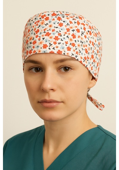 Kırmızı Çiçekli Doktor Hemşire Aşçı Hastane Bonesi Bandana M454