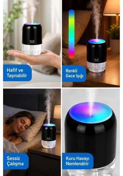 Hava Nemlendirici Buhar Makinesi Ve Aroma Difüzörü 200ml Ultrasonik Renkli H6 Beyaz