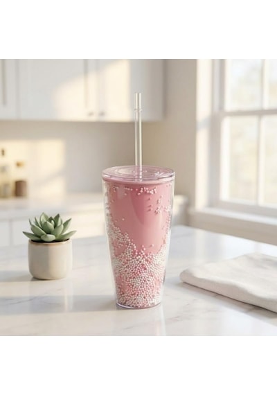 Pipetli Çift Katmanlı Soğuk İçecek Bardağı Boncuklu Tasarımlı Kapaklı Pipetli Bardak 20 Cm, Smoothie Ve Soğuk İçecekler İçin Yeniden Kullanılabilir Bardak çok renkli