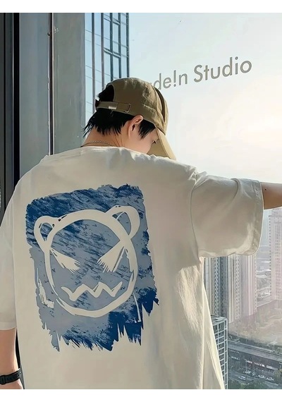 Erkek Tişört Bisiklet Yaka Kore Sevimli Ayı Baskı Kısa Kol T-shirt - Beyaz