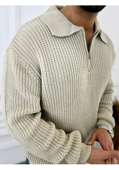 Elku Moda Kazak Oversize Tüylenmez Naturel Pamuk Fermuarlı Polo Yaka Örme Triko Kazak Krem