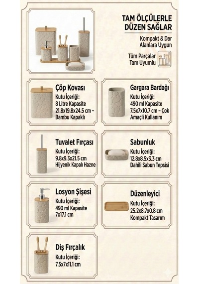 Makri Home Desenli 7 Parça Bambu Kapaklı Ve Aksesuarlı Banyo Seti Beyaz