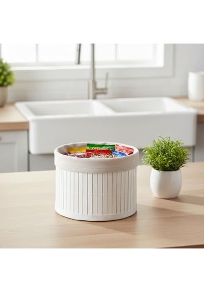 Yuvarlak Bambu Düzenleyici Ve Saklama Sepeti Beyaz Ahşap Çıtalı Banyo, Makyaj Ve Ofis Organizeri, Kumaş Astarlı Çok Amaçlı Dekoratif Kutu 18x13 Cm 000 Açık Krem