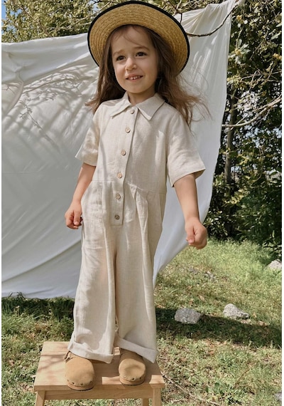 Cigit Beli Pileli Keten Tulum 2-7 Yaş Naturel Beyaz