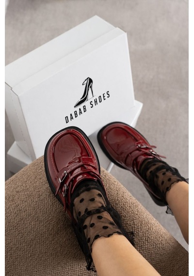 Dabab Shoes Elvan Kadın Bordo Rugan Küt Burun Çift Toka Detaylı Kalın Taban Loafer Ayakkabı
