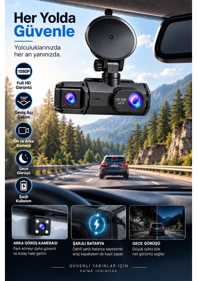 Ön Arka Kayıt 1080p Full Hd 180 Geniş Açı Şarjlı Kullanım - Lisinya