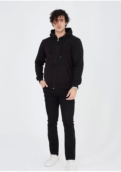 Unisex Tam Fermuarlı Kapşonlu Sweatshirt - Siyah