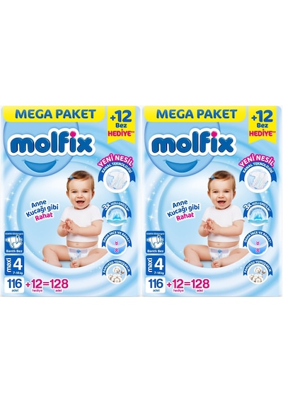 Molfix Bebek Bezi Beden:4 7-14kg Maxi 256 Adet Mega Ekonomik 4 Numara