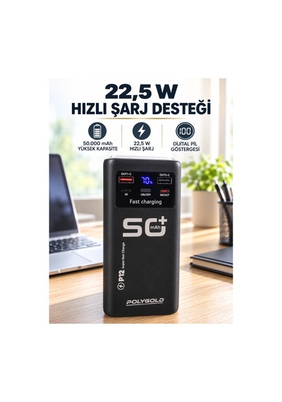 Astraltech Yüksek Kapasiteli 50.000 Mah Powerbank 22,5 W Hızlı Şarj 4 Dahili Kablo Led Aydınlatma Çok Renkli