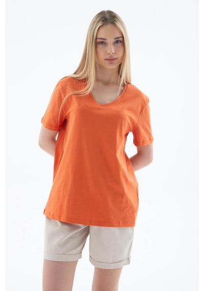 Fashion Friends V Yaka %100 Pamuklu Turuncu Kadın T-shirt 25y0248k1 Turuncu