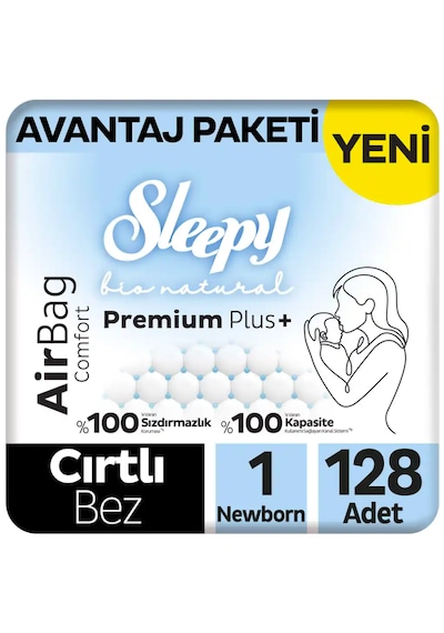 Sleepy Bio Natural Premium Plus Airbag Comfort Avantaj Paketi Bebek Bezi 1 Numara Newborn 128 Adet
