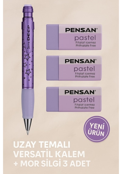 Metalik Mavi 0.7 Versatil Kalem + Pastel Mavi Silgi 3'lü Set Uzay Temalı