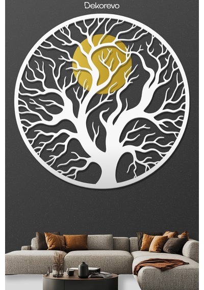 Hayat Ağacı Ve Güneş Metal Duvar Tablosu - Metal Duvar Sanatı - Beyaz - 75 X 75 Cm