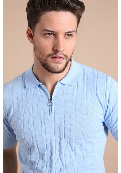 Ferraro Mavi Polo Yaka Fermuarlı Erkek Pamuk Triko T-Shirt-Mavi (417942609) Mavi