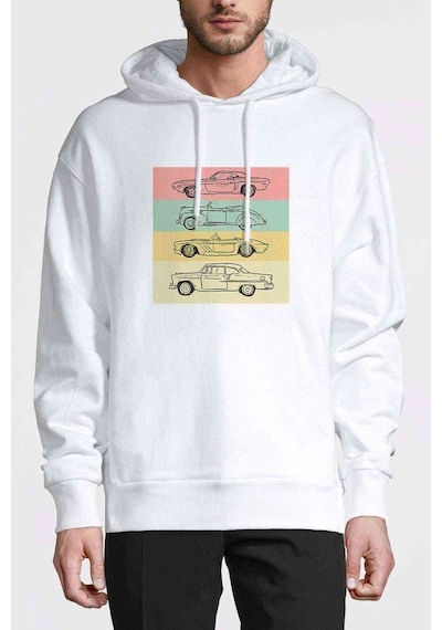 Eski Araba Nostalji Baskılı Beyaz Erkek Kapşonlu Sweatshirt