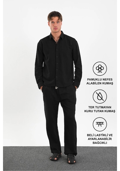 Flare Kışlık Baggy Pantolon Oversize Gömlek Alt Üst Takım %100 Pamuk Siyah