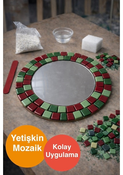28x28cm Yuvarlak Pleksi Aynalı Yetişkin Mozaik Set Başlangıç Seviye Kırmızı-yeşil